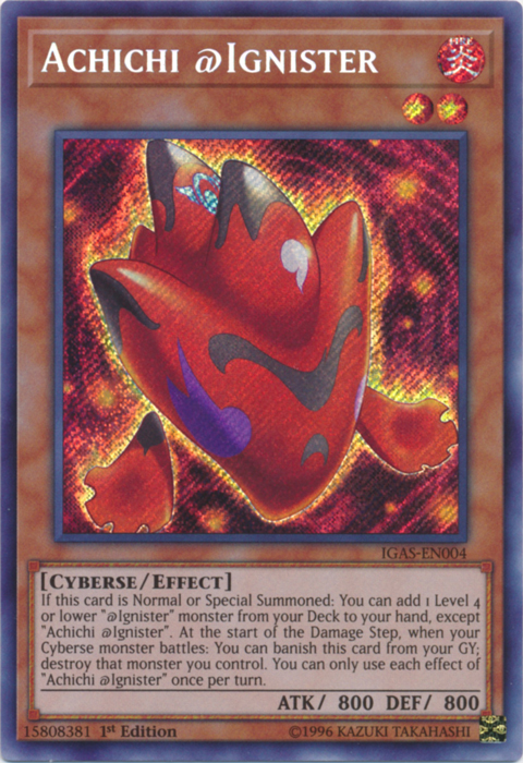A Secret Rare "Achichi @Ignister"  card from the Yugioh Set: Ignition Assault (IGAS).