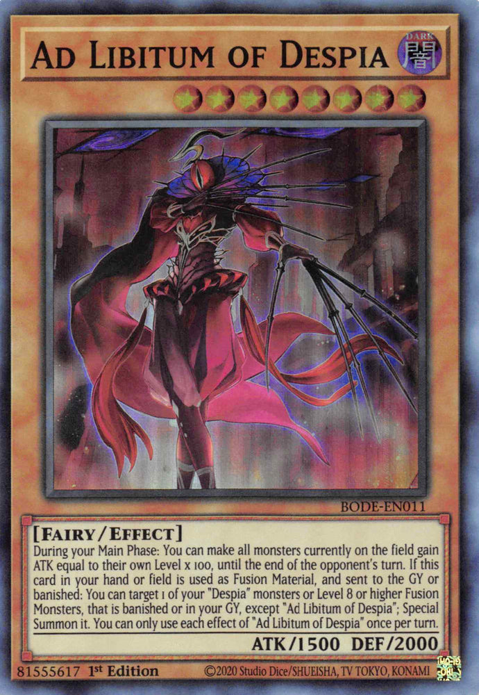  A Super Rare "Ad Libitum of Despia" card from the Yugioh Set: Burst of Destiny (BODE).