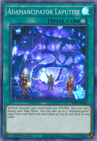  A Super Rare "Adamancipator Laputite" card from the Yugioh Set: Secret Slayers.