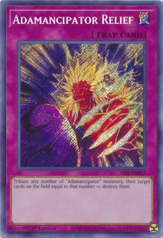  A Secret Rare "Adamancipator Relief" card from the Yugioh Set: Secret Slayers.