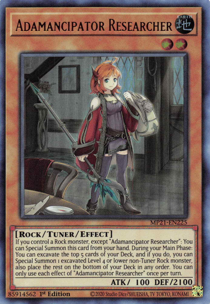  An Ultra Rare "Adamancipator Researcher" card from the Yugioh 2021 Tin of Lost Memories.