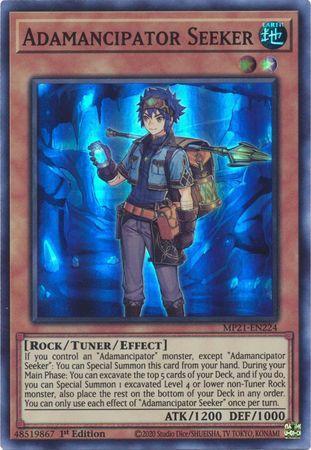  A Super Rare "Adamancipator Seeker" card from the Yugioh 2021 Tin of Lost Memories.