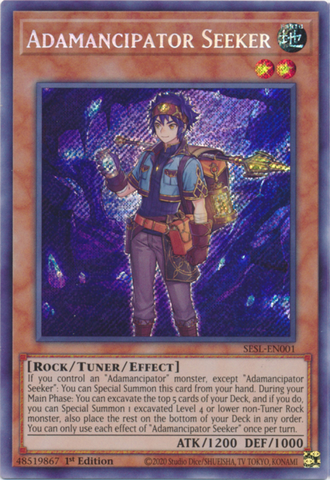  A Secret Rare "Adamancipator Seeker" card from the Yugioh Set: Secret Slayers.