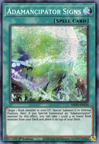  A Prismatic Secret Rare "Adamancipator Signs" card from the Yugioh 2021 Tin of Lost Memories.