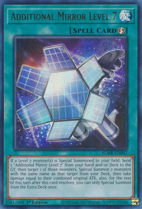 An Ultra Rare "Additional Mirror Level 7" card from the Yugioh Set: Battles of Legend: Monstrous Revenge (BLMR).