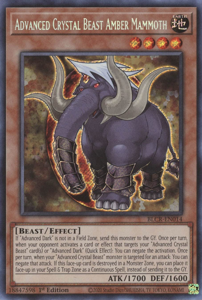 A Secret Rare "Advanced Crystal Beast Amber Mammoth" card from the Yugioh Set: Battles of Legend: Crystal Revenge (BLCR).