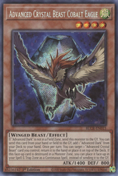 A Secret Rare "Advanced Crystal Beast Cobalt Eagle" card from the Yugioh Set: Battles of Legend: Crystal Revenge (BLCR).