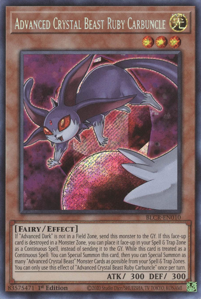 A Secret Rare "Advanced Crystal Beast Ruby Carbuncle" card from the Yugioh Set: Battles of Legend: Crystal Revenge (BLCR).