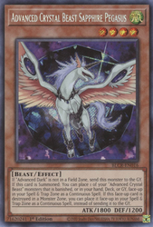 A Secret Rare "Advanced Crystal Beast Sapphire Pegasus" card from the Yugioh Set: Battles of Legend: Crystal Revenge (BLCR).