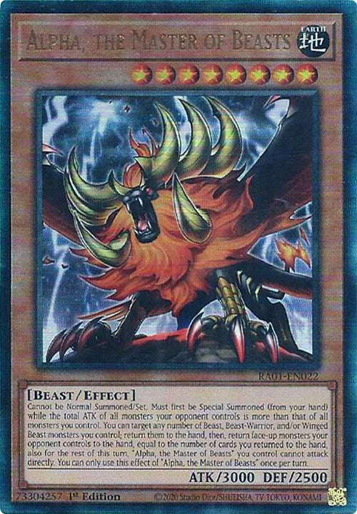 A Prismatic Ultimate Rare "Alpha, the Master of Beasts" card from the Yugioh Set: Rarity Collection 1 (RA01).