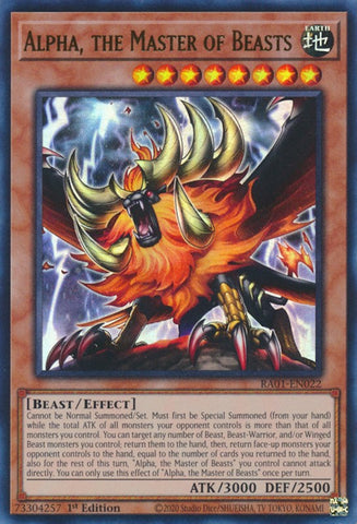 An Ultra Rare "Alpha, the Master of Beasts" card from the Yugioh Set: Rarity Collection 1 (RA01).