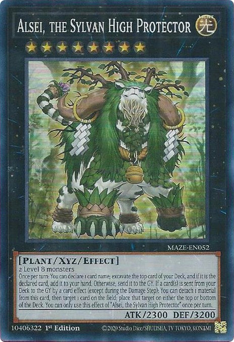 A Super Rare "Alsei, the Sylvan High Protector" card from the Yugioh Set: Maze of Memories (MAZE).