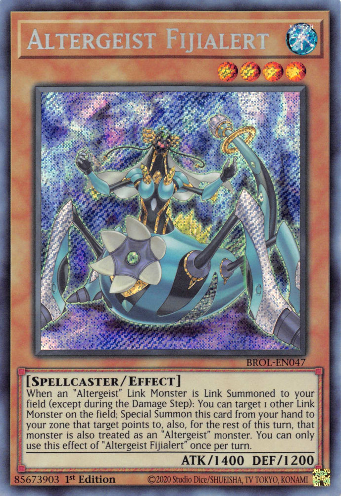  A Secret Rare "Altergeist Fijialert" card from the Yugioh Set: Brothers of Legend.