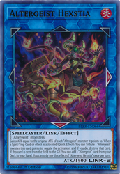 An Ultra Rare "Altergeist Hexstia" card from the Yugioh Set: Battles of Legend: Relentless Revenge.