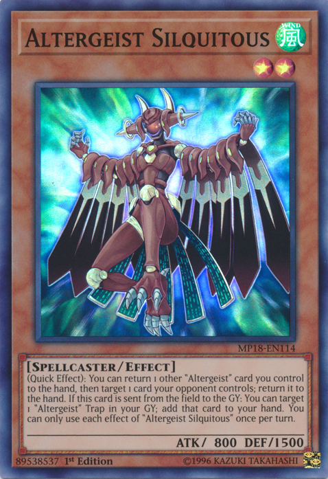 A Super Rare "Altergeist Silquitous" card from the Yugioh 2018 Mega-Tin Mega Pack set.