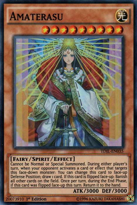 A Super Rare "Amaterasu" card from the Yugioh Set: The Dark Illusion (TDIL).