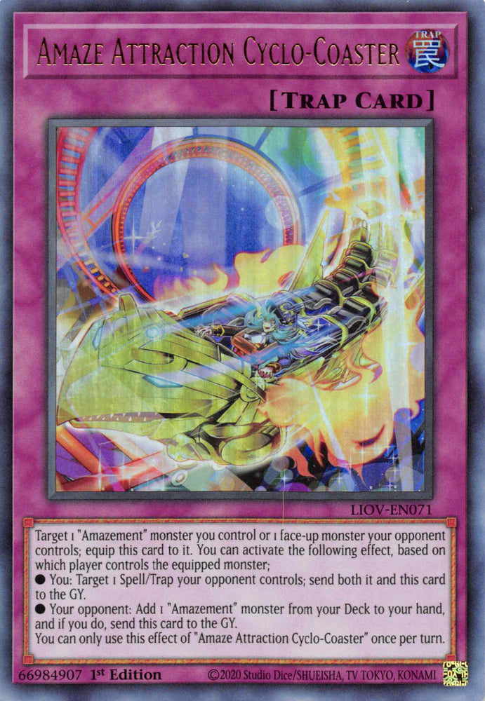 An Ultra Rare "Amaze Attraction Cyclo-Coaster" card from the Yugioh Set: Lightning Overdrive (LIOV).