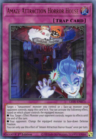 An Ultra Rare "Amaze Attraction Horror House" card from the Yugioh Set: Lightning Overdrive (LIOV).