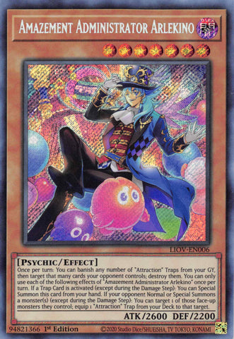 A Secret Rare "Amazement Administrator Arlekino" card from the Yugioh Set: Lightning Overdrive (LIOV).