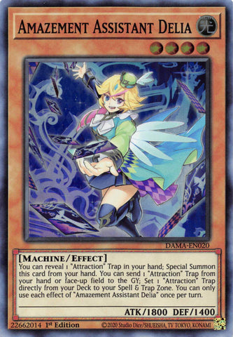 A Super Rare "Amazement Assistant Delia" card from the Yugioh Set: Dawn of Majesty.