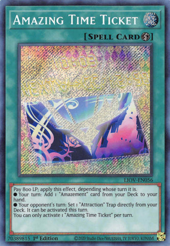 A Secret Rare "Amazing Time Ticket" card from the Yugioh Set: Lightning Overdrive.