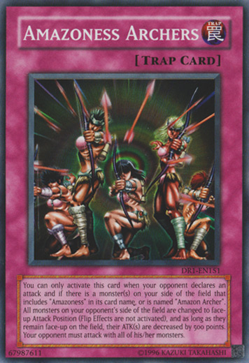 A Super Rare "Amazoness Archers" card from the Yugioh Set: Dark Revelation Volume 1.