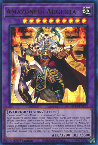 An Ultra Rare "Amazoness Augusta" card from the Yugioh 25th Anniversary Tin: Dueling Heroes set.