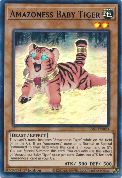An Ultra Rare Blue "Amazoness Baby Tiger" card from the Yugioh Set: Legendary Duelists: Season 1.