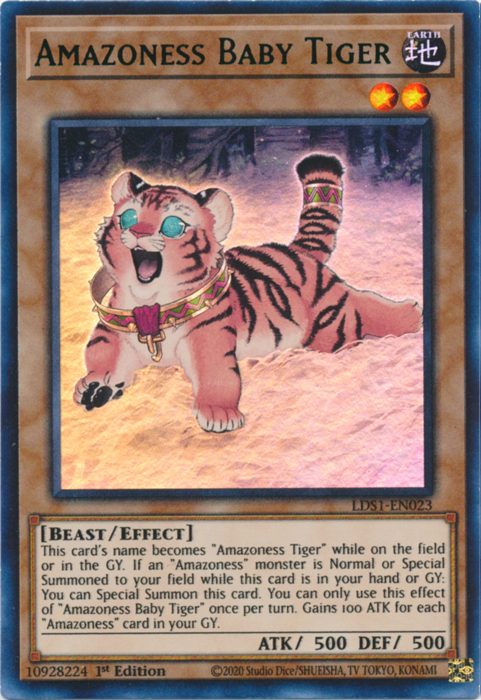 An Ultra Rare Green "Amazoness Baby Tiger" card from the Yugioh Set: Legendary Duelists: Season 1.