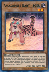 An Ultra Rare Green "Amazoness Baby Tiger" card from the Yugioh Set: Legendary Duelists: Season 1.