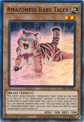 An Ultra Rare Purple "Amazoness Baby Tiger" card from the Yugioh Set: Legendary Duelists: Season 1.