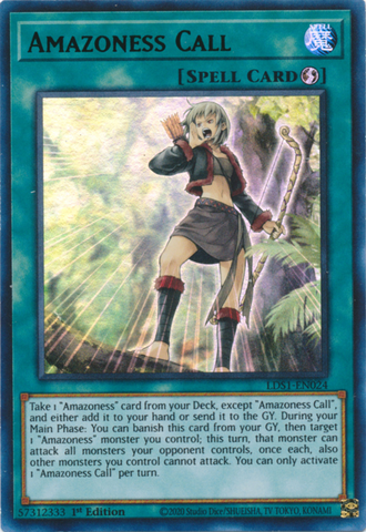 An Ultra Rare Green "Amazoness Call" card from the Yugioh Set: Legendary Duelists: Season 1.