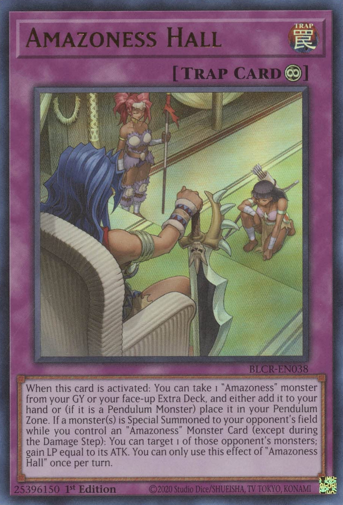 An Ultra Rare "Amazoness Hall" card from the Yugioh Set: Battles of Legend: Crystal Revenge.