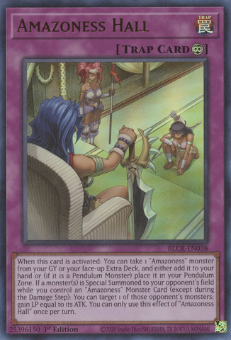 An Ultra Rare "Amazoness Hall" card from the Yugioh Set: Battles of Legend: Crystal Revenge.