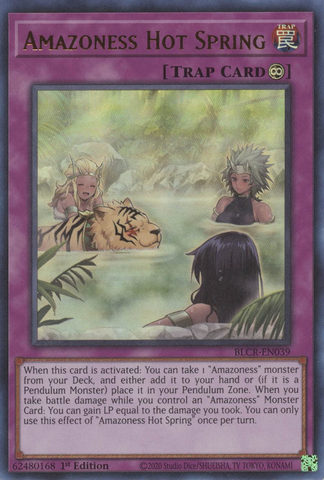 An Ultra Rare "Amazoness Hot Spring" card from the Yugioh Set: Battles of Legend: Crystal Revenge.