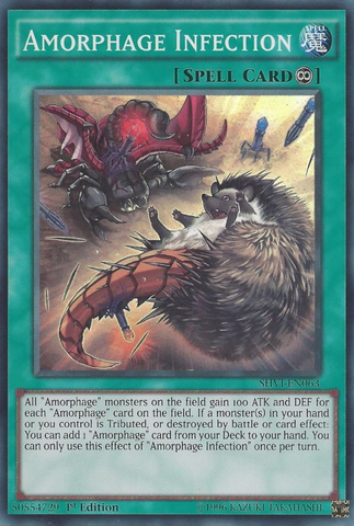 A Super Rare "Amorphage Infection" card from the Yugioh Set: Shining Victories.