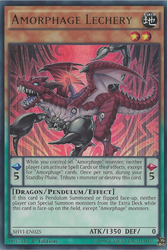 An Ultra Rare "Amorphage Lechery" card from the Yugioh Set: Shining Victories.