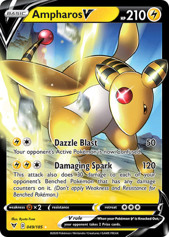 An Ultra Rare "Ampharos V" (049/185) card from the Pokemon Set: Vivid Voltage.