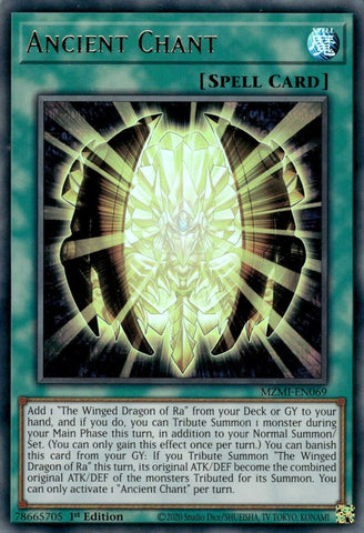 An Ultra Rare "Ancient Chant" card from the Yugioh Set: Maze of Millennia.