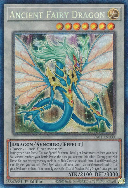 A Prismatic Collector's Rare "Ancient Fairy Dragon" card from the Yugioh Set: Rarity Collection 1 (RA01).