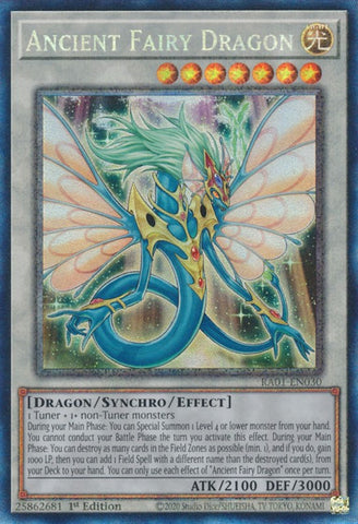 A Prismatic Collector's Rare "Ancient Fairy Dragon" card from the Yugioh Set: Rarity Collection 1 (RA01).