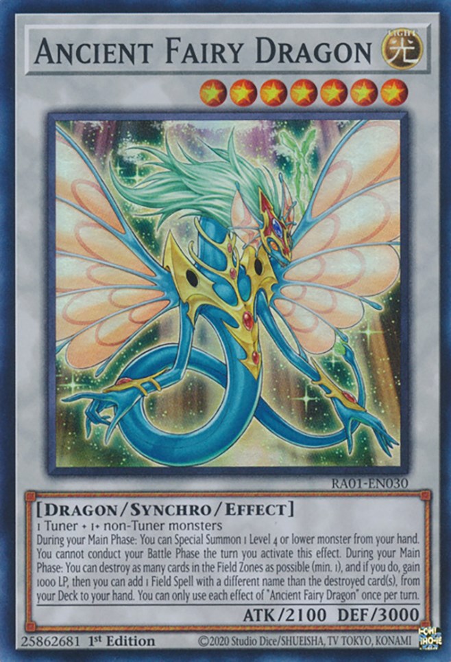 A Super Rare "Ancient Fairy Dragon" card from the Yugioh Set: Rarity Collection 1 (RA01).