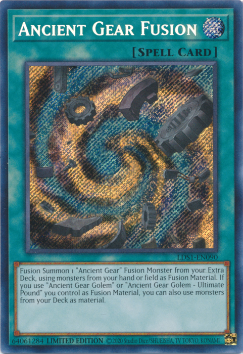 A Secret Rare "Ancient Gear Fusion" card from the Yugioh Set: Legendary Duelists: Season 1.