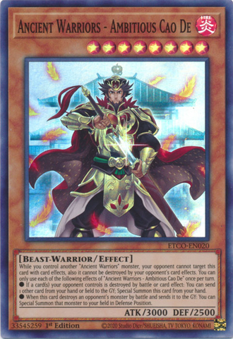 A Super Rare "Ancient Warriors - Ambitious Cao De" card from the Yugioh Set: Eternity Code.