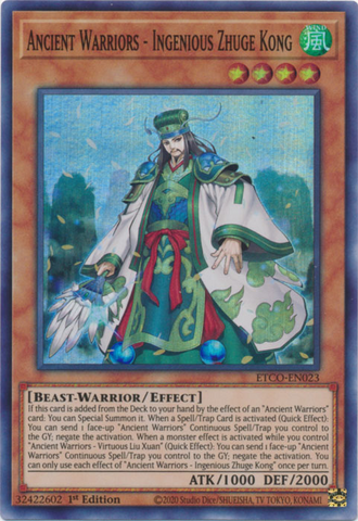 A Super Rare "Ancient Warriors - Ingenious Zhuge Kong" card from the Yugioh Set: Eternity Code.