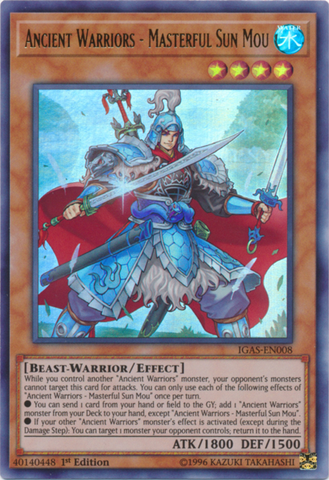 An Ultra Rare "Ancient Warriors - Masterful Sun Mou" card from the Yugioh Set: Ignition Assault.