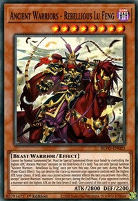 A Super Rare "Ancient Warriors - Rebellious Lu Feng" card from the Yugioh Set: Blazing Vortex (BLVO).