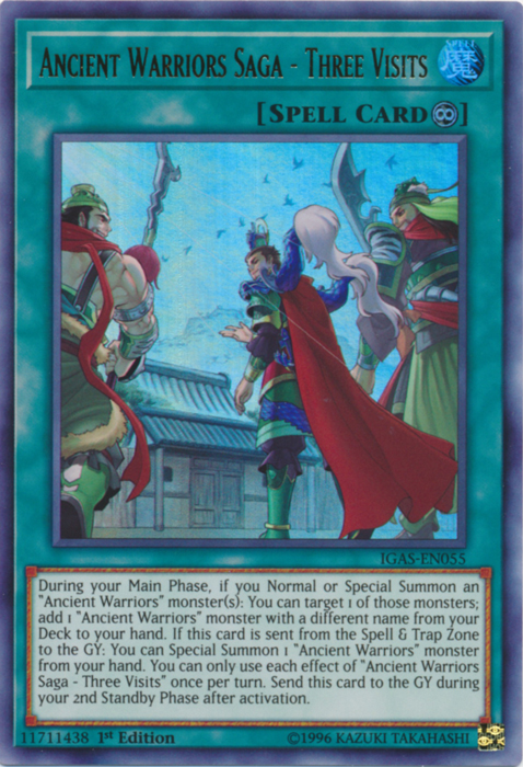 An Ultra Rare "Ancient Warriors - Three Visits" card from the Yugioh Set: Ignition Assault.