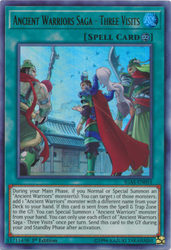 An Ultra Rare "Ancient Warriors - Three Visits" card from the Yugioh Set: Ignition Assault.