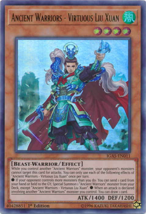 An Ultra Rare "Ancient Warriors - Virtuous Liu Xuan" card from the Yugioh Set: Ignition Assault.